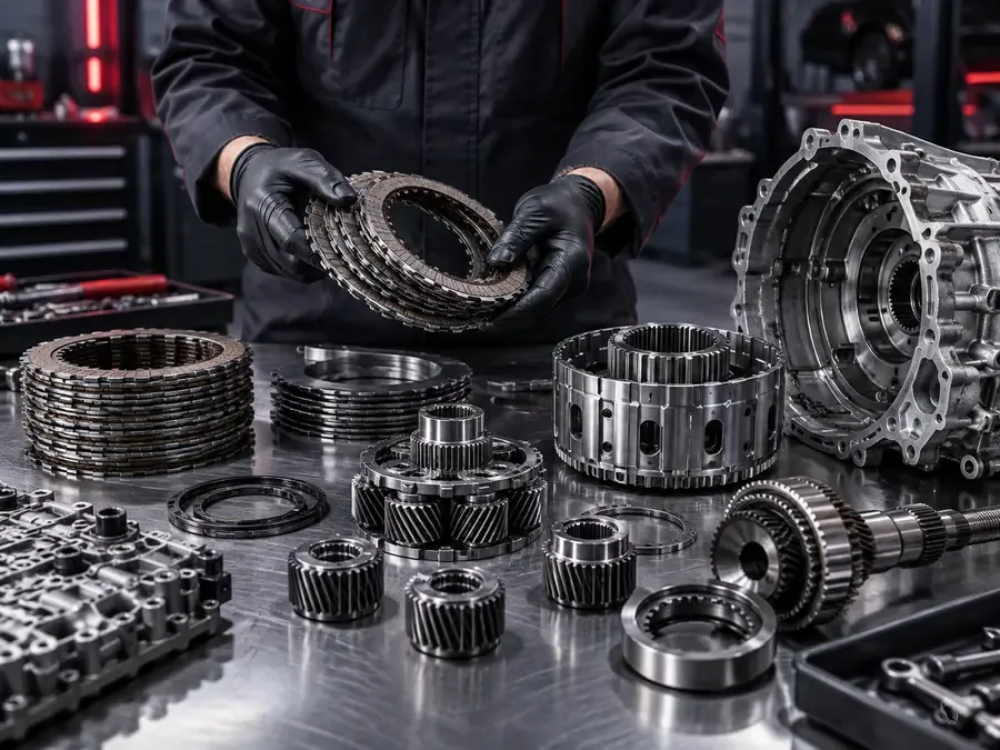 Illustration of transmission rebuilding and clutch inspection